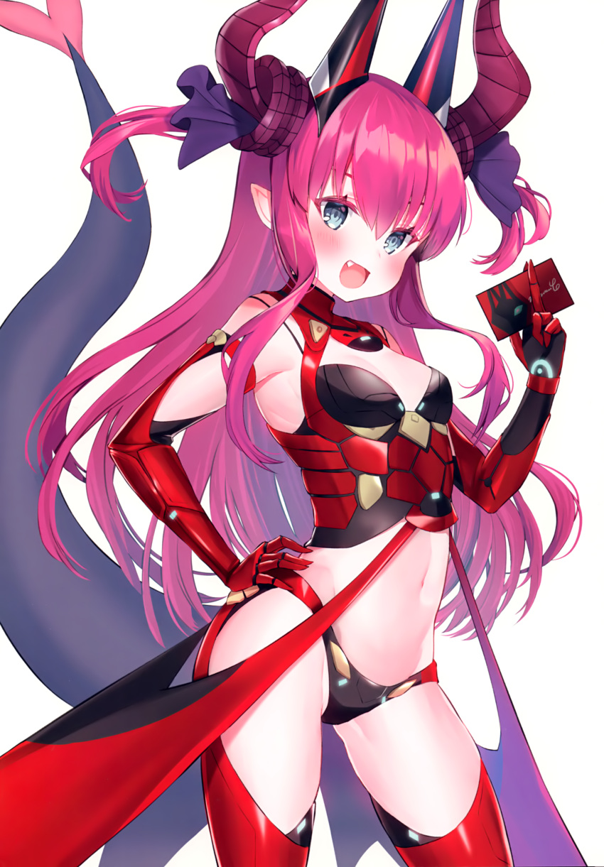 1girl :d absurdres bangs bare_shoulders between_fingers blue_eyes blush breasts brown_background card carmilla_(swimsuit_rider)_(fate) carmilla_(swimsuit_rider)_(fate)_(cosplay) contrapposto cosplay crop_top curled_horns dragon_girl dragon_horns dragon_tail elbow_gloves elizabeth_bathory_(fate) elizabeth_bathory_(fate)_(all) eyebrows_behind_hair fang fate/extra fate/extra_ccc fate/grand_order fate_(series) gloves groin hair_between_eyes hair_ribbon hand_on_hip headgear highres holding holding_card horns long_hair looking_at_viewer navel open_mouth pink_hair purple_ribbon red_gloves ribbon simple_background small_breasts smile solo suzuho_hotaru tail tail_raised two_side_up