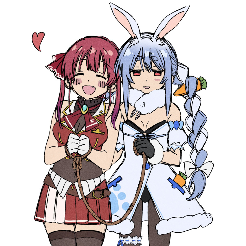 animal_ear_fluff animal_ears bangs bare_shoulders blue_hair bound bound_wrists braid buttons carrot_hair_ornament eyebrows_visible_through_hair food_themed_hair_ornament gloves gold_trim hair_ornament hair_ribbon highres hololive homura910210 houshou_marine jacket long_hair looking_at_viewer multicolored_hair open_mouth rabbit_ears rabbit_girl red_eyes red_jacket redhead ribbon rope sleeveless sleeveless_jacket smile thigh-highs twin_braids twintails two-tone_hair usada_pekora virtual_youtuber white_hair