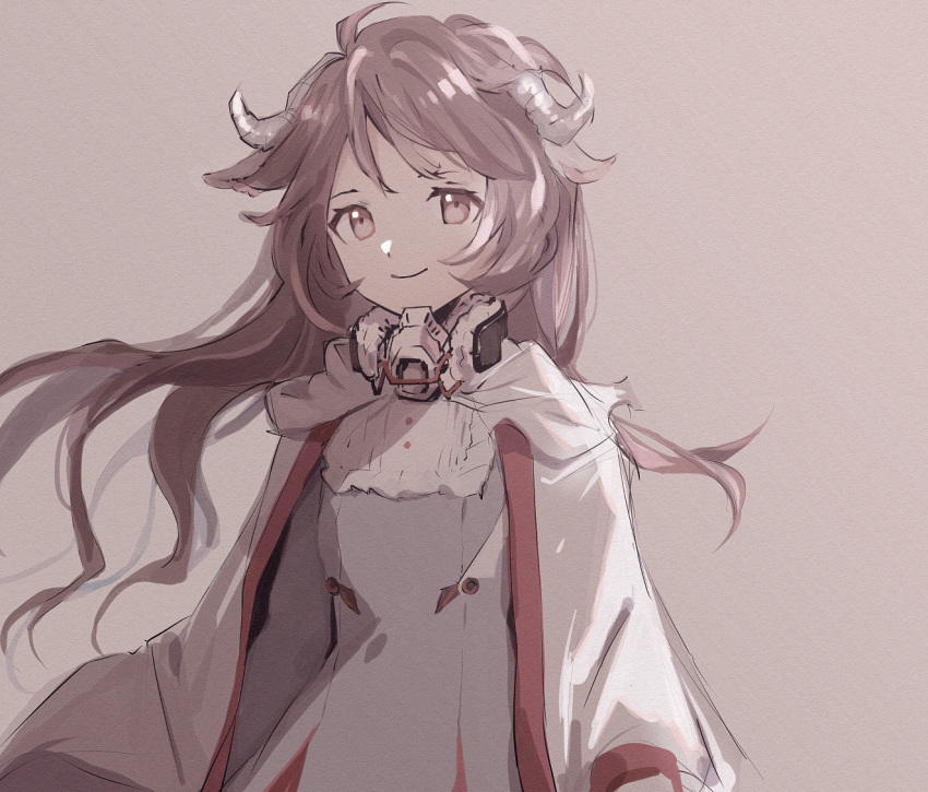 1girl ahoge animal_ears arknights brown_eyes brown_hair commentary dress eyjafjalla_(arknights) floating_hair fuco grey_background grey_dress horns jacket long_hair looking_at_viewer mask_around_neck open_clothes open_jacket sheep_ears sheep_horns simple_background smile solo upper_body white_jacket