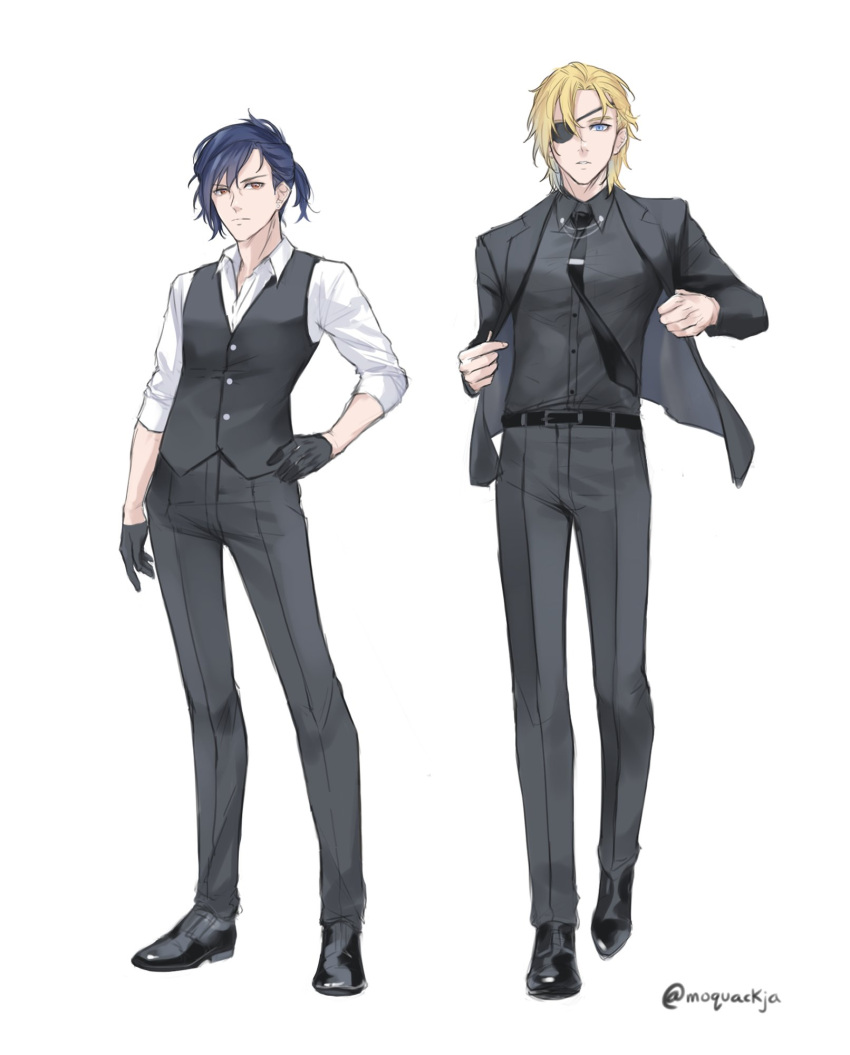 2boys belt black_footwear black_jacket black_neckwear black_pants black_shirt black_vest blonde_hair blue_hair dimitri_alexandre_blaiddyd eyepatch felix_hugo_fraldarius fire_emblem fire_emblem:_three_houses formal full_body gloves half_gloves highres jacket moja_(moquackja) multiple_boys necktie pants shirt short_hair simple_background standing suit vest white_background white_shirt