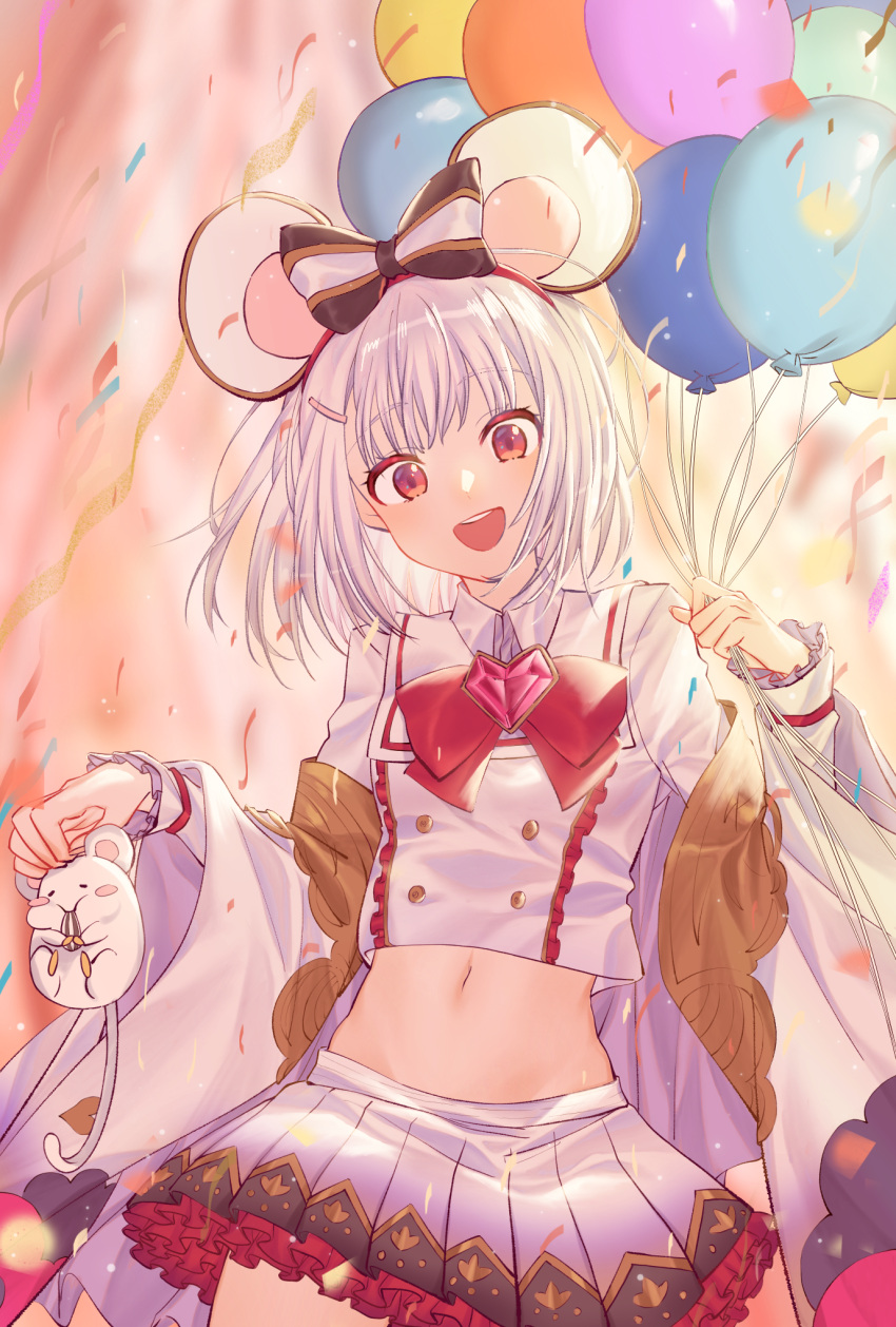 1girl :d animal animal_ears balloon bangs bow bowtie brooch confetti cowboy_shot crop_top eyebrows_visible_through_hair granblue_fantasy hair_bow hairband heart highres holding holding_animal holding_balloon jewelry long_sleeves looking_at_viewer midriff miniskirt mouse_ears navel open_mouth petticoat pleated_skirt red_bow red_eyes red_hairband red_neckwear shirt short_hair sifang silver_hair skirt smile solo standing stomach vikala_(granblue_fantasy) white_shirt white_skirt