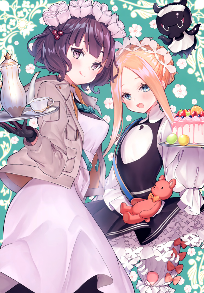 2girls abigail_williams_(fate) absurdres alternate_costume apron bangs black_legwear black_skirt blonde_hair blue_eyes blush bow bowtie breasts closed_mouth covering_mouth dress enmaided fate/grand_order fate_(series) forehead formal garter_straps hair_bun heroic_spirit_festival_outfit highres holding holding_stuffed_toy huge_filesize katsushika_hokusai_(fate) licking_lips long_hair long_sleeves looking_at_viewer maid maid_headdress medium_breasts multiple_bows multiple_girls octopus orange_bow parted_bangs pen purple_hair sash short_hair simple_background sitting skirt sleeves_past_fingers sleeves_past_wrists small_breasts smile stuffed_animal stuffed_toy suit suzuho_hotaru swept_bangs teddy_bear thigh-highs thighs tokitarou_(fate) tongue tongue_out violet_eyes white_background white_dress