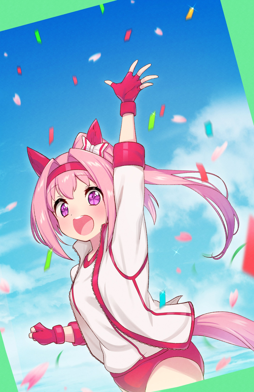 1girl absurdres animal_ears arm_up bow buruma clenched_hand clouds confetti fingerless_gloves from_side gloves green322 hair_bow hair_intakes haru_urara_(umamusume) headband highres horse_ears horse_girl horse_tail jacket long_hair open_mouth outdoors pink_hair ponytail red_buruma red_gloves ribbon shirt sky smile solo symbol-shaped_pupils tail umamusume upper_body waving white_jacket white_shirt