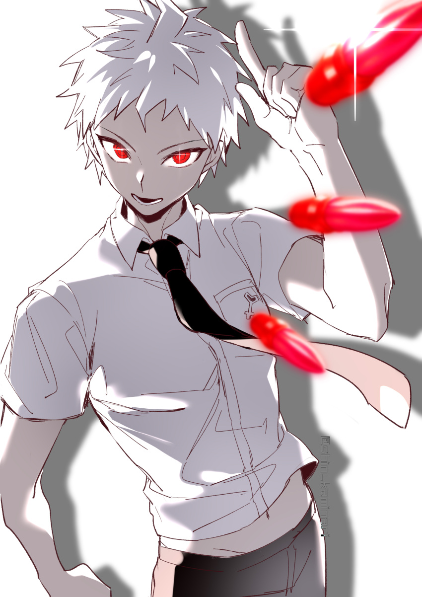 1boy absurdres artist_name badge bangs black_neckwear breast_pocket bullet collared_shirt cowboy_shot dangan_ronpa_(series) dangan_ronpa_2:_goodbye_despair gloves glowing glowing_eyes hand_up highres hinata_hajime_(awakened) index_finger_raised looking_at_viewer lower_teeth male_focus navel necktie open_mouth pocket pointing red_eyes shirt short_hair short_sleeves smile solo spot_color sword tuteurfars_shin upper_body weapon white_background white_hair white_shirt