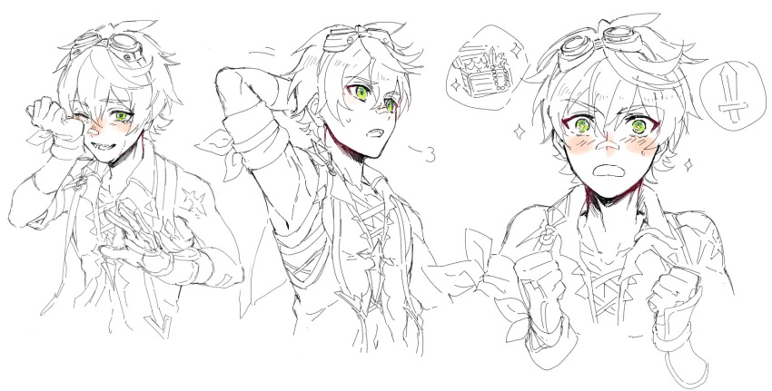1boy =3 arm_behind_head bandaid bandaid_on_face bandaid_on_nose bangs bennett_(genshin_impact) blush clenched_hands cropped_torso crying eyebrows_visible_through_hair genshin_impact gloves gnsnrkgk goggles goggles_on_head hair_between_eyes highres lineart multiple_views open_mouth scar scar_on_arm simple_background sketch sleeveless sparkle sparkling_eyes spot_color sweat tears treasure_chest upper_body