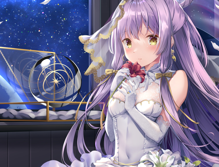 1girl absurdres bangs blush bow breasts dress earrings elbow_gloves eyebrows_visible_through_hair flower gloves hair_bow highres huge_filesize jewelry kinokomushi long_hair looking_at_viewer original purple_hair ring small_breasts solo upper_body veil wedding_dress white_dress yellow_eyes