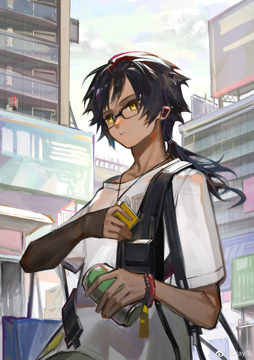 1boy absurdres alternate_costume arknights black-framed_eyewear black_hair bracelet can casual cityscape clay_(clayjun) dark_skin day expressionless fanny_pack glasses highres holding jewelry long_hair long_sleeves looking_away low_ponytail male_focus necklace outdoors shirt short_over_long_sleeves short_sleeves soda_can solo thorns_(arknights) thorns_(comodo)_(arknights) upper_body white_shirt yellow_eyes