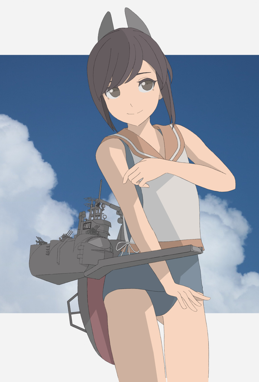 1girl absurdres blue_sky brown_eyes brown_hair clouds commentary_request cowboy_shot highres i-401_(kancolle) kantai_collection machinery orange_sailor_collar ponytail sailor_collar school_swimsuit shirt short_hair short_ponytail side-tie_shirt sky sleeveless sleeveless_shirt smile solo swimsuit swimsuit_under_clothes tsubame11