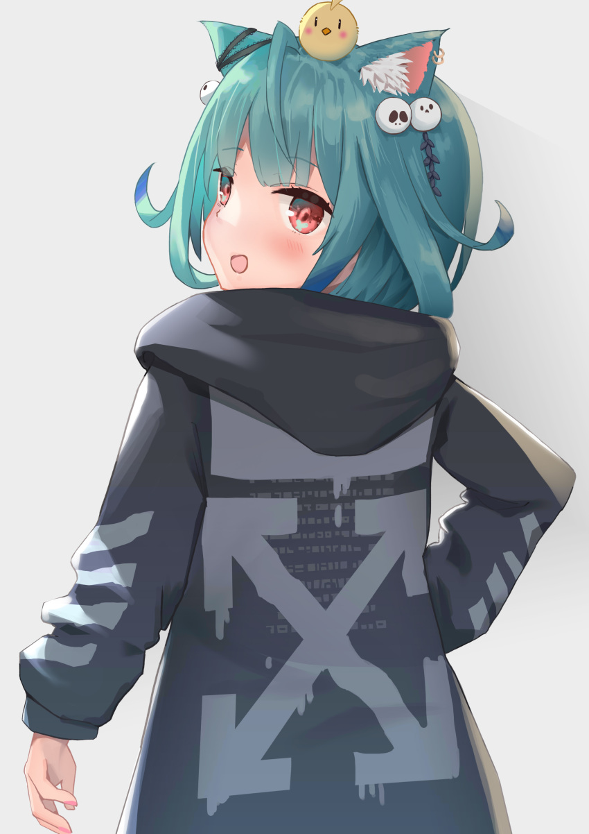 1girl :d absurdres animal_ear_fluff animal_ears animal_on_head bangs bird black_hoodie blush cat_ears chick commentary_request ear_piercing eyebrows_visible_through_hair from_behind green_hair grey_background highres hololive hood hood_down hoodie juu_p looking_at_viewer looking_back on_head open_mouth piercing red_eyes smile solo uruha_rushia virtual_youtuber