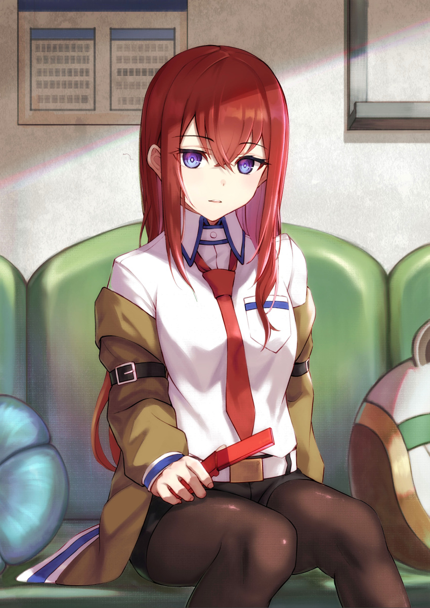 1girl absurdres bangs belt black_legwear black_shorts blue_eyes brown_hair brown_jacket cellphone couch dress_shirt feet_out_of_frame flip_phone hair_between_eyes highres holding holding_phone jacket legwear_under_shorts long_hair looking_at_viewer loose_necktie makise_kurisu necktie off_shoulder on_couch pantyhose parted_lips phone red_neckwear redhead shakkiyi shiny shiny_clothes shiny_legwear shirt short_shorts shorts sitting solo steins;gate upa_(steins;gate) white_shirt