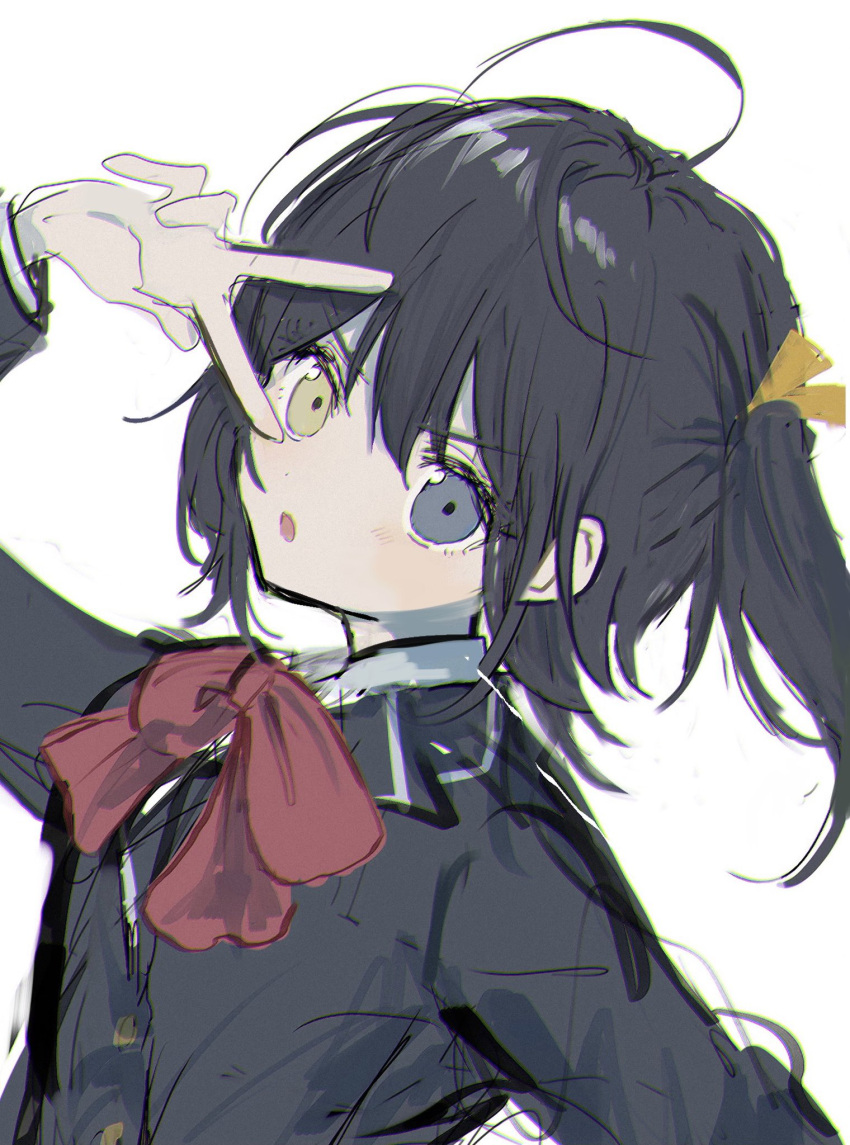 1girl ahoge bangs blazer blue_eyes bow bowtie chuunibyou_demo_koi_ga_shitai! collared_shirt eyebrows_visible_through_hair from_side hair_between_eyes hair_ribbon hand_up heterochromia highres jacket long_fingers long_sleeves looking_at_viewer nokoru_sora one_side_up open_mouth red_bow red_neckwear ribbon school_uniform shirt short_hair simple_background sketch solo takanashi_rikka upper_body v v_over_eye white_background white_shirt yellow_eyes yellow_ribbon