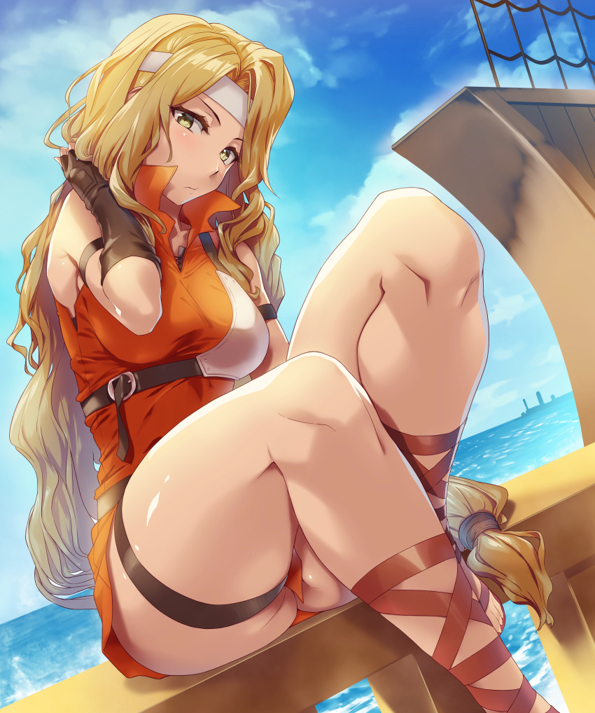 1girl absurdres armor ass bare_shoulders beach belt blonde_hair blush breasts brigid_(fire_emblem) brown_gloves commission commissioner_upload dress fingerless_gloves fire_emblem fire_emblem:_genealogy_of_the_holy_war gladiator_sandals gloves green_eyes hand_in_hair headband highres hip_focus long_hair looking_at_viewer low-tied_long_hair muneate ocean ponytail sajittari sand sandals ship short_dress signature sitting sky sleeveless sleeveless_dress solo thick_thighs thigh_strap thighs very_long_hair watercraft white_headband