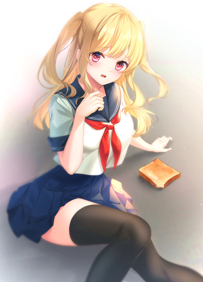 1girl bangs black_legwear blonde_hair blue_sailor_collar blue_skirt blush breasts commentary_request eyebrows_visible_through_hair feet_out_of_frame food hand_up highres knees_together_feet_apart long_hair looking_at_viewer medium_breasts neckerchief on_ground open_mouth original pleated_skirt red_eyes red_neckwear rukinya_(nyanko_mogumogu) sailor_collar school_uniform serafuku shirt short_sleeves skirt solo thigh-highs toast two_side_up wavy_mouth white_shirt