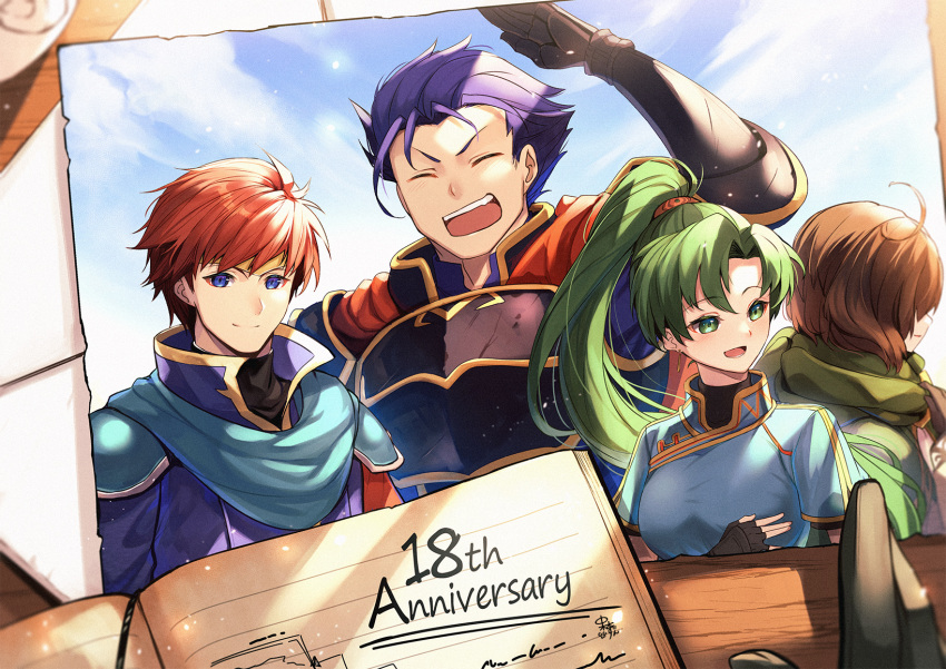 1girl 3boys ahoge anniversary arm_up armor bangs blue_eyes blue_hair blue_sky breasts brown_hair cape closed_eyes closed_mouth clouds cloudy_sky commentary_request day earrings eliwood_(fire_emblem) fingerless_gloves fire_emblem fire_emblem:_the_blazing_blade gauntlets gloves green_cape green_eyes green_hair hair_between_eyes hair_ornament hector_(fire_emblem) high_ponytail highres jewelry long_hair lyn_(fire_emblem) mark_(fire_emblem:_the_blazing_blade) medium_breasts multiple_boys nakabayashi_zun open_mouth outdoors photo_(object) ponytail redhead short_hair short_sleeves shoulder_armor sky tiara tied_hair turtleneck upper_body