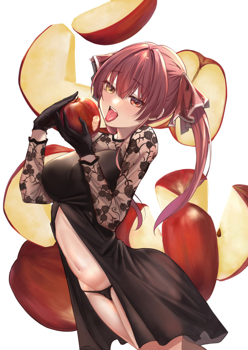 1girl apple arenoyoni black_dress black_panties dress eyebrows_visible_through_hair food fruit hair_between_eyes hair_ribbon heterochromia highres holding holding_food holding_fruit hololive houshou_marine long_hair looking_at_viewer navel open_mouth panties red_ribbon redhead ribbon simple_background solo stomach teeth thighs tongue tongue_out twintails underwear upper_teeth virtual_youtuber white_background yellow_eyes