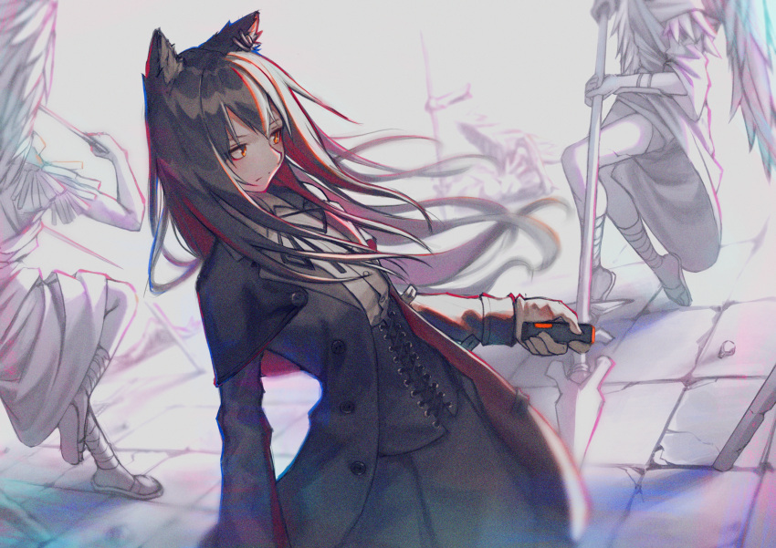1girl alternate_costume animal_ears arknights black_coat black_dress black_hair buttons coat commentary dress dutch_angle ear_piercing english_commentary gloves highres holding huge_filesize multicolored_hair piercing redhead statue texas_(arknights) two-tone_hair veilrain white_background white_gloves wolf_ears yellow_eyes