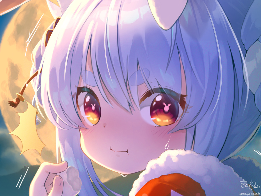 1girl absurdres animal_ears bangs blue_hair blush braid closed_mouth eyebrows_visible_through_hair food from_side hair_between_eyes hand_up highres hikimayu holding holding_food hololive looking_at_viewer looking_to_the_side magowasabi medium_hair moon multicolored multicolored_eyes portrait rabbit_ears sidelocks smile solo sweat tassel usada_pekora virtual_youtuber