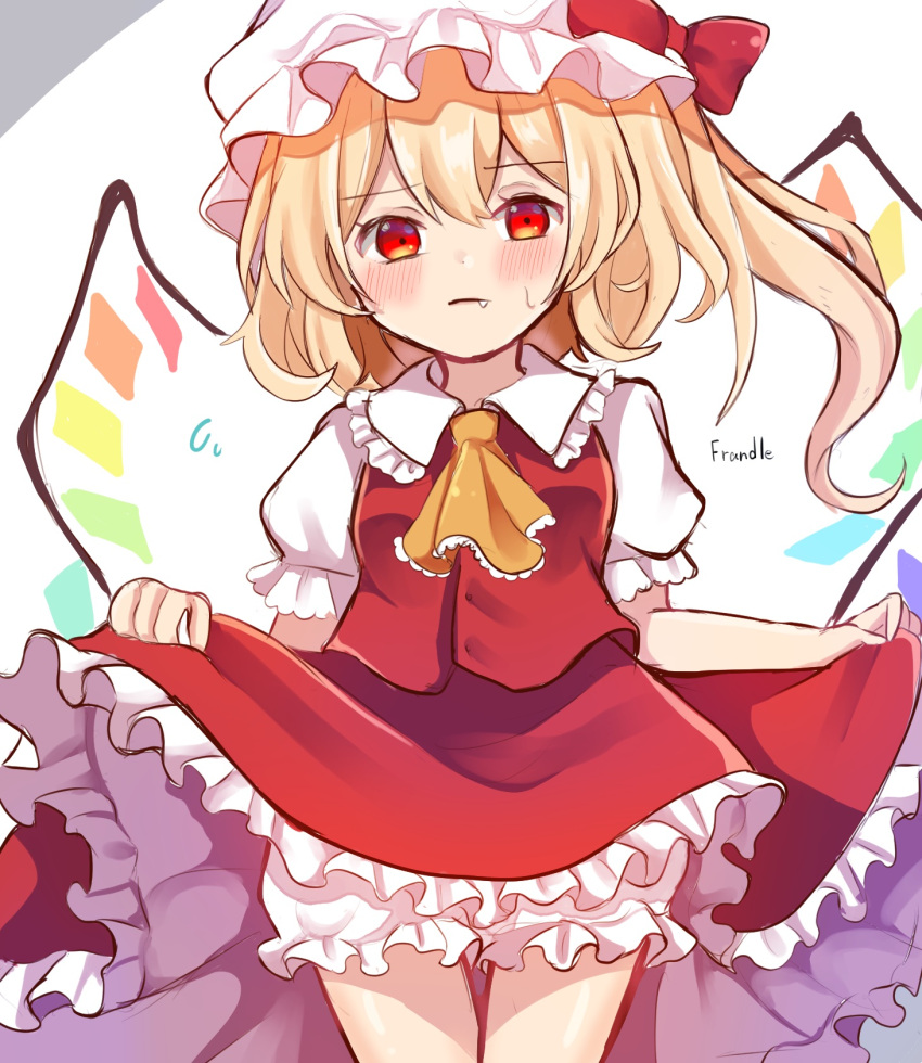1girl ascot blonde_hair bloomers blurry blush bow breasts character_name closed_mouth commentary_request cowboy_shot crystal depth_of_field dorowa_(drawerslove) eyebrows_visible_through_hair fang flandre_scarlet frilled_shirt_collar frills hat hat_bow highres lifted_by_self mob_cap one_side_up puffy_short_sleeves puffy_sleeves red_bow red_skirt red_vest short_hair short_sleeves simple_background skirt small_breasts solo standing sweat touhou underwear vest white_background white_headwear wings yellow_neckwear