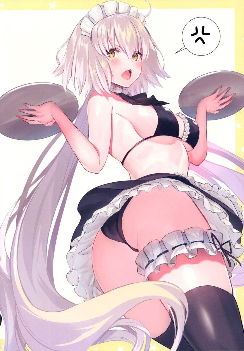 1girl absurdres apron ass bikini black_bikini black_legwear black_shirt fate/grand_order fate_(series) from_behind from_below highres jeanne_d'arc_(alter)_(fate) jeanne_d'arc_(fate)_(all) long_hair maid maid_apron maid_headdress shirt silver_hair solo surprised suzuho_hotaru swimsuit thigh-highs very_long_hair yellow_eyes