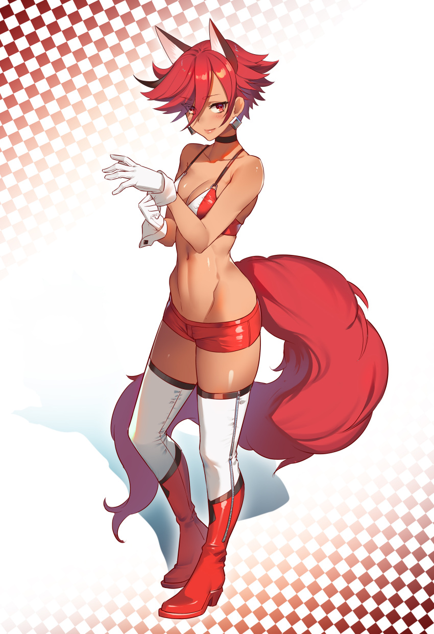 1girl absurdres animal_ears bangs bikini bikini_top black_choker boots breasts checkered checkered_background choker collarbone cure_chocolat dog_ears dog_tail earrings extra_ears eyebrows_visible_through_hair full_body gloves hair_between_eyes high_heel_boots high_heels highres huai_diao_de_zongzi jewelry kenjou_akira kirakira_precure_a_la_mode looking_at_viewer magical_girl medium_breasts precure red_eyes redhead short_hair short_shorts shorts smile solo standing stomach swimsuit tail tan thigh-highs thigh_boots two-tone_bikini white_bikini white_gloves wrist_cuffs zipper