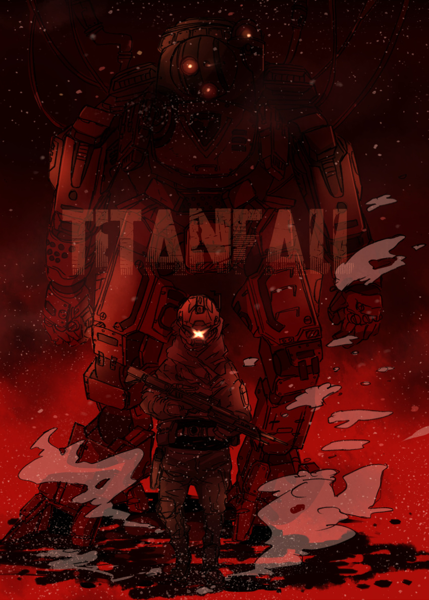 armor atlas_(titanfall) copyright_name d-101_longbow glowing glowing_eyes gun helmet highres holding holding_gun holding_weapon mecha open_hands red_eyes rifle science_fiction smoke sniper_rifle tajima_(minagawa) titanfall titanfall_(series) visor walking weapon