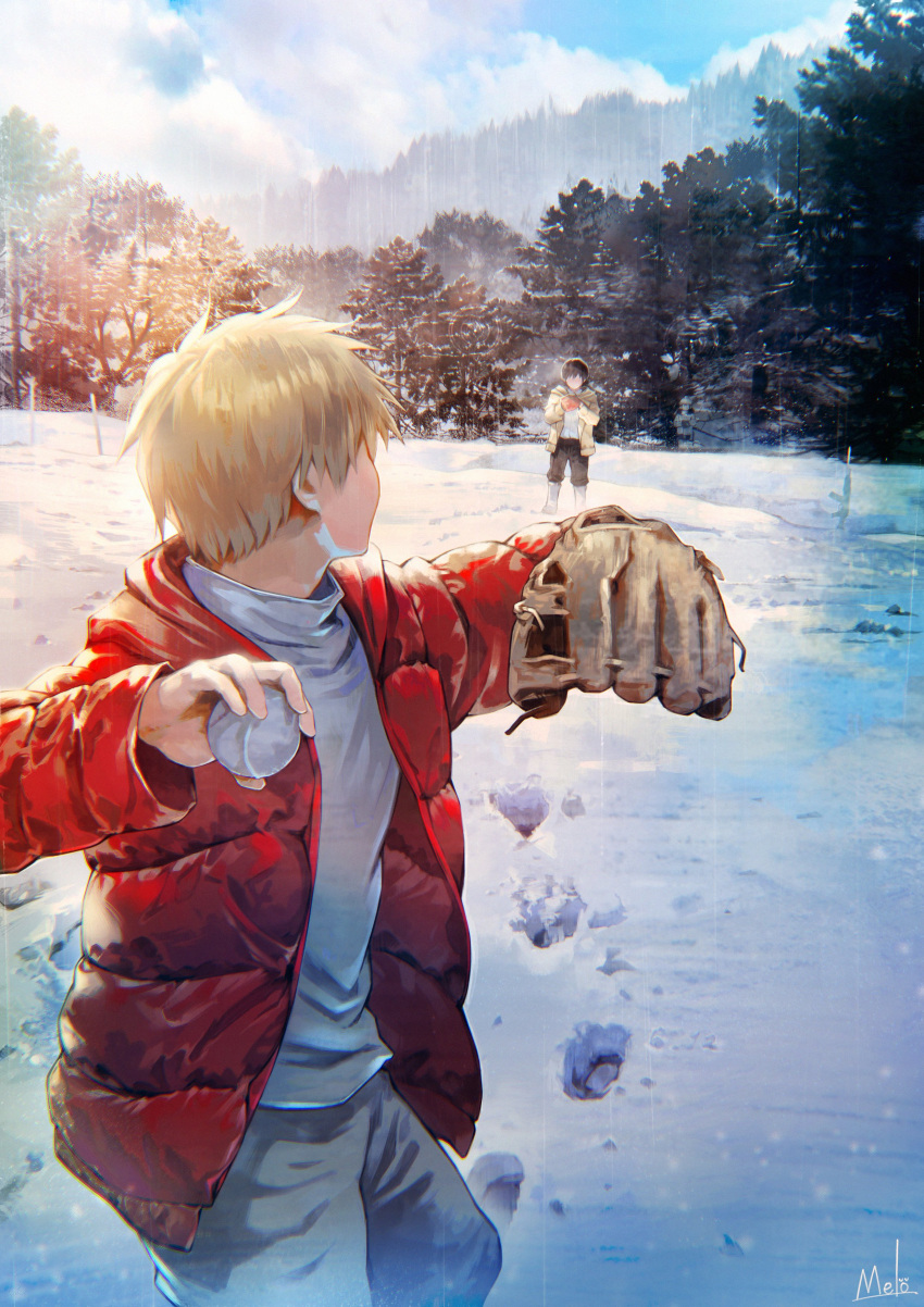 2boys absurdres ball baseball baseball_mitt beige_jacket black_hair black_pants blonde_hair boots chainsaw_man clouds cloudy_sky day denji_(chainsaw_man) faceless faceless_male facing_another feet_out_of_frame footprints forest from_side grey_pants gun hands_together hands_up hayakawa_aki_(chainsaw_man) high_collar highres holding holding_ball jacket kyuuba_melo long_sleeves male_focus multiple_boys nature outdoors pants red_jacket scenery shirt short_hair sky snow spoilers standing sunlight throwing tree weapon white_shirt younger