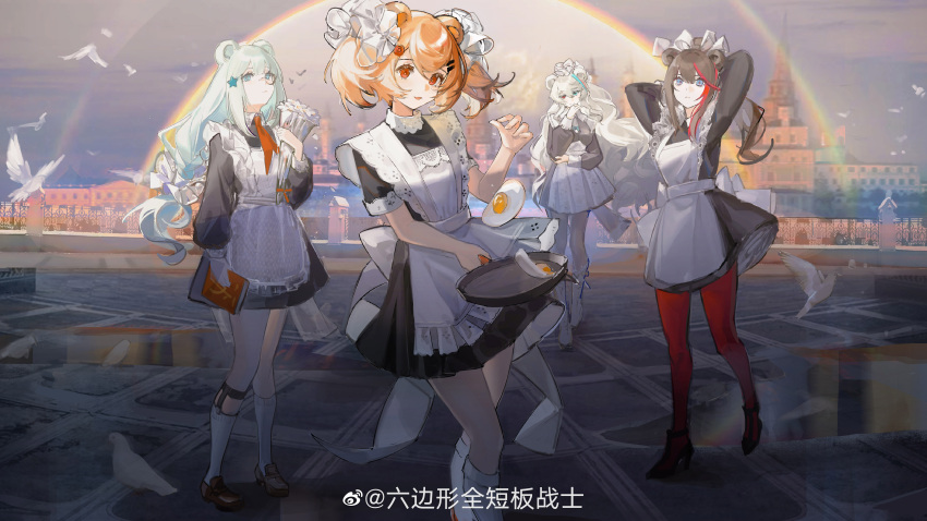 4girls absurdres alternate_costume animal animal_ears apron aqua_eyes aqua_hair arknights arms_behind_head bear_ears bird black_dress black_footwear blonde_hair blue_eyes book boots bouquet bow brown_footwear chinese_commentary dress flipping_food flower food fried_egg frying_pan full_body gummy_(arknights) hair_bow hair_ornament hairclip heterochromia highres holding holding_book holding_bouquet holding_frying_pan istina_(arknights) long_hair looking_at_viewer maid maid_apron monocle multicolored_hair multiple_girls necktie neriash orange_neckwear outdoors pantyhose rainbow red_eyes red_legwear rosa_(arknights) shoes short_hair socks star_(symbol) star_hair_ornament streaked_hair tied_hair very_long_hair weibo_username white_apron white_bow white_flower white_footwear white_legwear zima_(arknights)