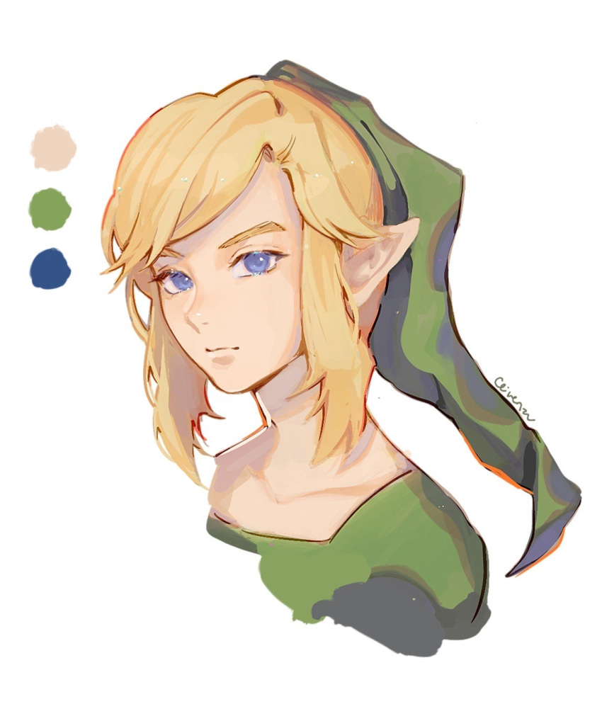 1boy clivenzu closed_mouth color_guide cropped_shoulders green_headwear green_shirt hat highres link looking_at_viewer male_focus pointy_ears portrait shirt short_hair sidelocks signature simple_background solo the_legend_of_zelda violet_eyes white_background