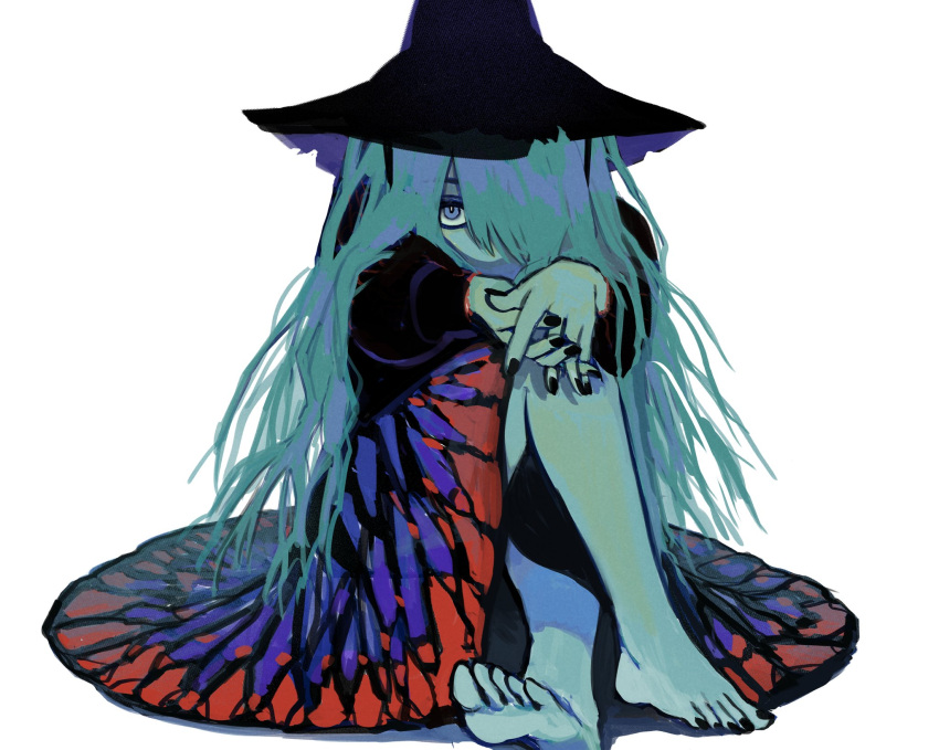 1girl aqua_hair aqua_skin bare_legs barefoot black_headwear black_nails blue_eyes dress hair_over_one_eye hands_together hat highres long_hair looking_at_viewer original shadow simple_background solo toktin_zq white_background witch_hat