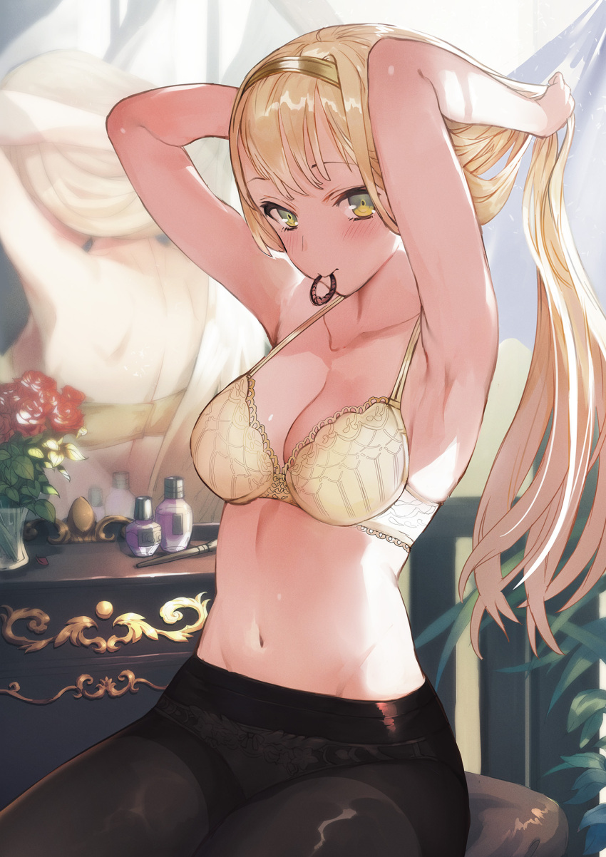 1girl adjusting_hair armpits arms_up atelier_(series) atelier_ryza blush bra breasts chest_of_drawers day flower green_eyes hair_tie hair_tie_in_mouth highres indoors klaudia_valentz looking_at_viewer makeup_brush medium_breasts midriff mirror mouth_hold navel non-web_source official_art panties panties_under_pantyhose pantyhose reflection shiny shiny_clothes shiny_legwear sitting toridamono tying_hair underwear white_bra