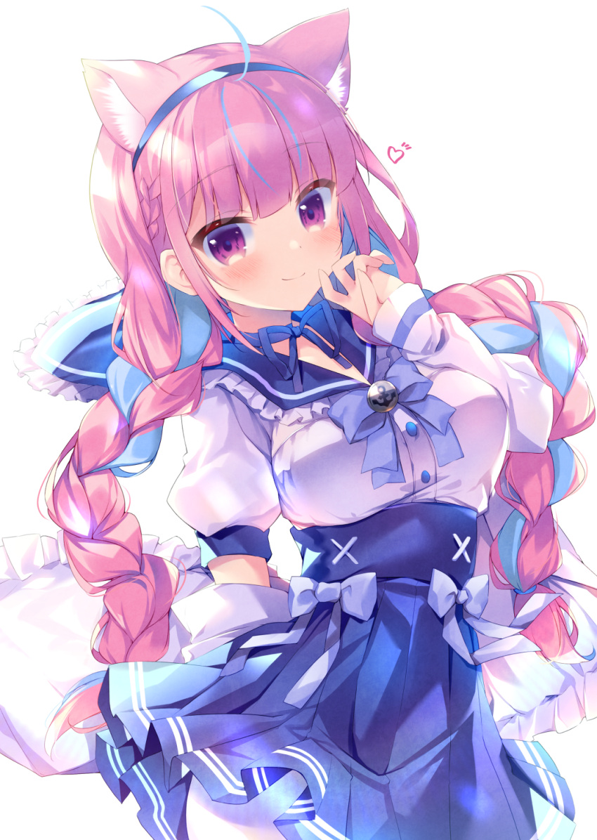 1girl animal_ear_fluff animal_ears bangs blue_bow blue_hair blue_hairband blue_ribbon blue_sailor_collar blue_skirt blurry blurry_background bow braid breasts cat_ears closed_mouth depth_of_field eyebrows_visible_through_hair frilled_sailor_collar frills hairband hand_up heart highres hololive jacket long_hair long_sleeves looking_at_viewer medium_breasts minato_aqua multicolored_hair nanamomo_rio open_clothes open_jacket pantyhose pink_hair pleated_skirt puffy_short_sleeves puffy_sleeves ribbon sailor_collar shirt short_sleeves simple_background skirt sleeves_past_wrists smile solo twin_braids twintails two-tone_hair very_long_hair violet_eyes virtual_youtuber white_background white_jacket white_legwear white_shirt