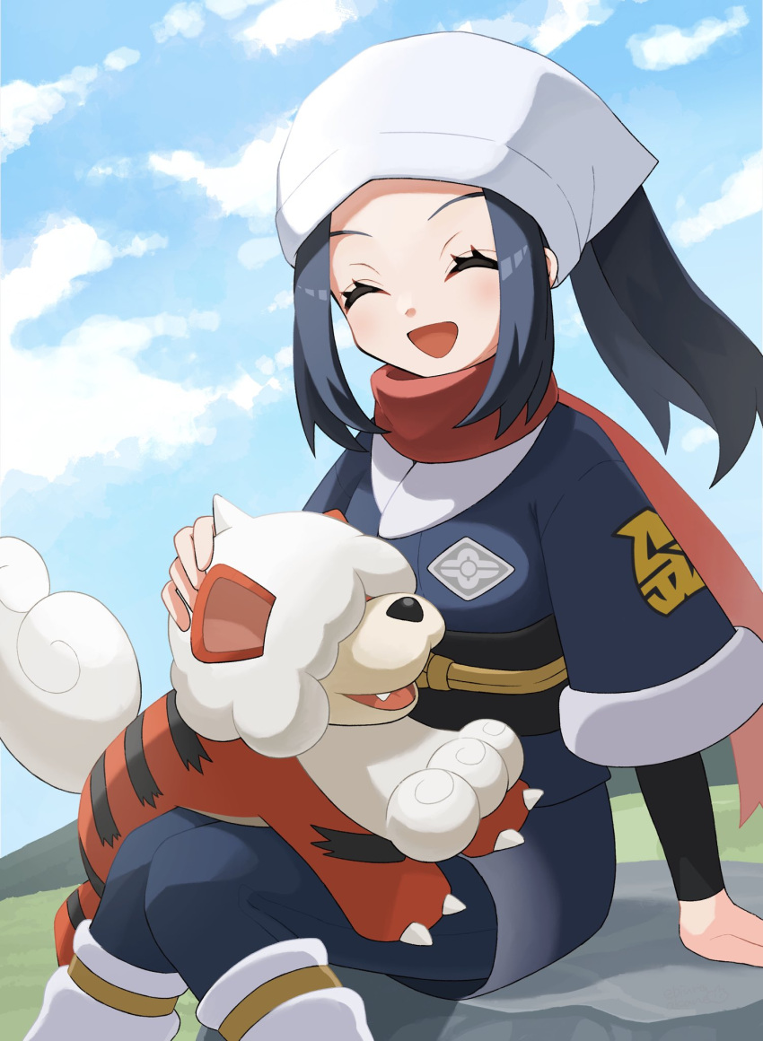 1girl :d akari_(pokemon) arm_support black_hair black_sash black_shirt blush closed_eyes clouds commentary_request day ebiura_akane eyelashes grey_jacket grey_skirt happy head_scarf highres hisuian_growlithe jacket long_hair loose_socks on_lap open_mouth outdoors pantyhose pokemon pokemon_(creature) pokemon_(game) pokemon_legends:_arceus pokemon_on_lap ponytail sash shirt sidelocks sitting skirt sky smile tongue white_headwear white_legwear