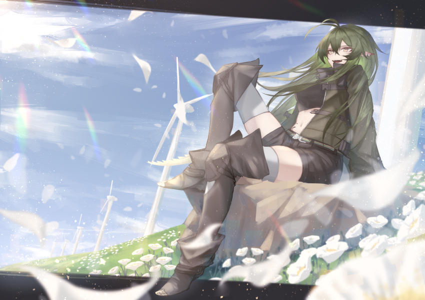 1girl antenna_hair arknights bangs belt belt_pouch black_footwear black_legwear black_shirt black_shorts boots breasts commentary crocodilian_tail crop_top day flower full_body gavial_(arknights) gavial_(combat_medic)_(arknights) green_hair green_jacket hair_between_eyes head_tilt jacket knee_up long_hair long_sleeves looking_afar medium_breasts midriff navel open_clothes open_jacket open_mouth outdoors ozeu0916 petals pointy_ears pouch rock sharp_teeth shirt short_shorts shorts sitting sitting_on_rock sky smile solo steel-toe_boots stomach tail teeth thigh-highs thigh_boots thighhighs_under_boots thighs white_legwear wind_turbine yellow_eyes zettai_ryouiki