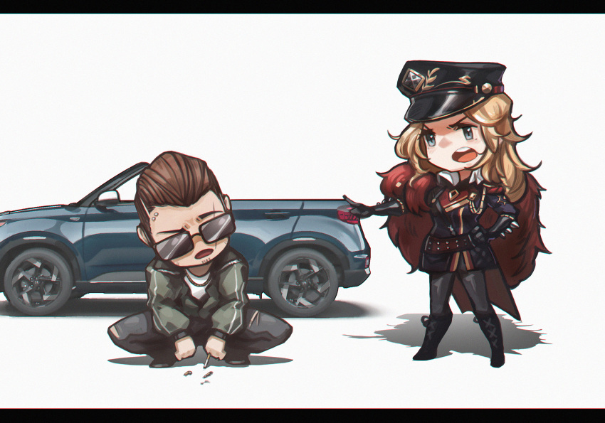 1boy 1girl artist_request black_gloves black_legwear blonde_hair boots car cigarette commission dungeon_and_fighter gloves ground_vehicle hand_on_hip hat highres judy_ringwood knee_boots motor_vehicle pantyhose peaked_cap piercing scar scar_across_eye second-party_source squatting sunglasses