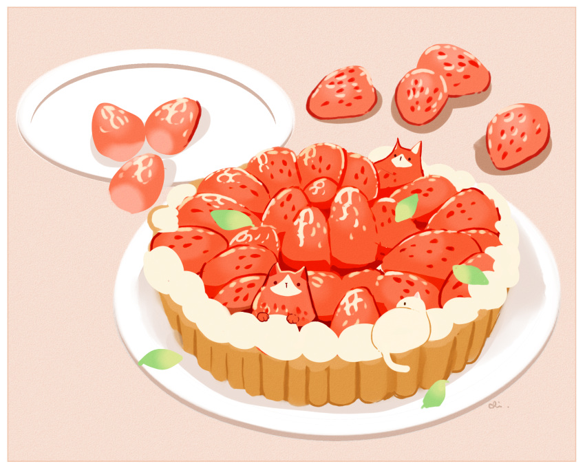 artist_name cat chai dessert food food_focus fruit highres leaf no_humans original pink_background plate simple_background strawberry