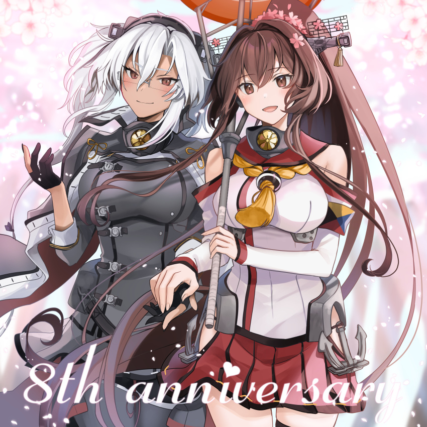 2girls absurdres anniversary black_coat black_gloves black_nails breasts brown_eyes brown_hair cherry_blossoms coat cowboy_shot eyebrows_visible_through_hair fingernails glasses gloves hair_between_eyes highres holding holding_umbrella huge_filesize kantai_collection large_breasts long_coat long_hair multiple_girls musashi_(kancolle) nail_polish oil-paper_umbrella partially_fingerless_gloves petals pleated_skirt ponytail red_skirt remodel_(kantai_collection) silver_hair skirt two_side_up umbrella yamato_(kancolle) yunamaro