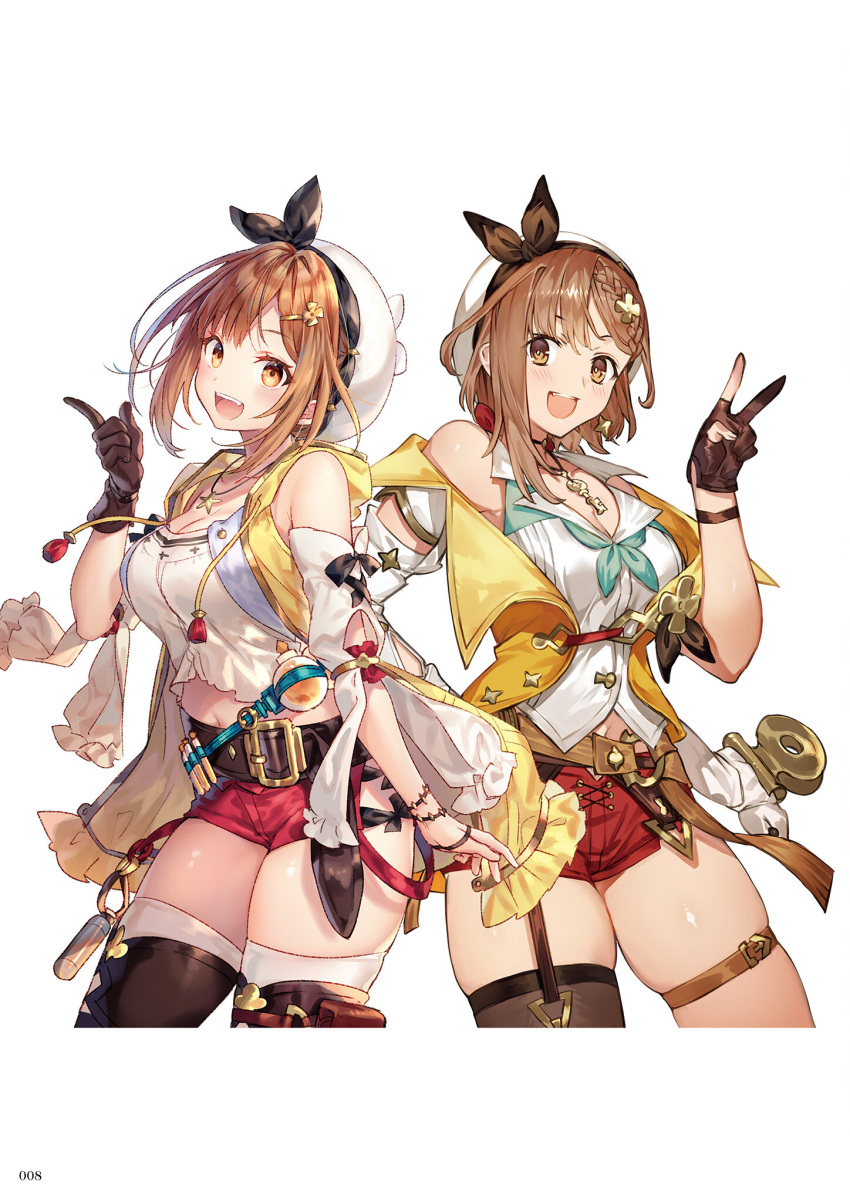1girl atelier_(series) atelier_ryza atelier_ryza_2 bangs bare_shoulders belt beret braid breasts brown_eyes brown_hair gloves hair_ornament hairclip hat highres looking_at_viewer medium_breasts official_art one_eye_closed open_mouth reisalin_stout shorts simple_background smile solo thighs tied_hair toridamono v white_background