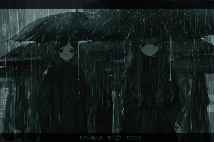 2girls 6+others black_blouse black_coat black_eyes black_gloves black_hair black_skirt black_umbrella blouse coat expressionless gloves highres holding holding_umbrella long_hair looking_at_viewer medium_hair multiple_girls multiple_others narue original outdoors rain skirt standing timestamp tokyo_(city) umbrella