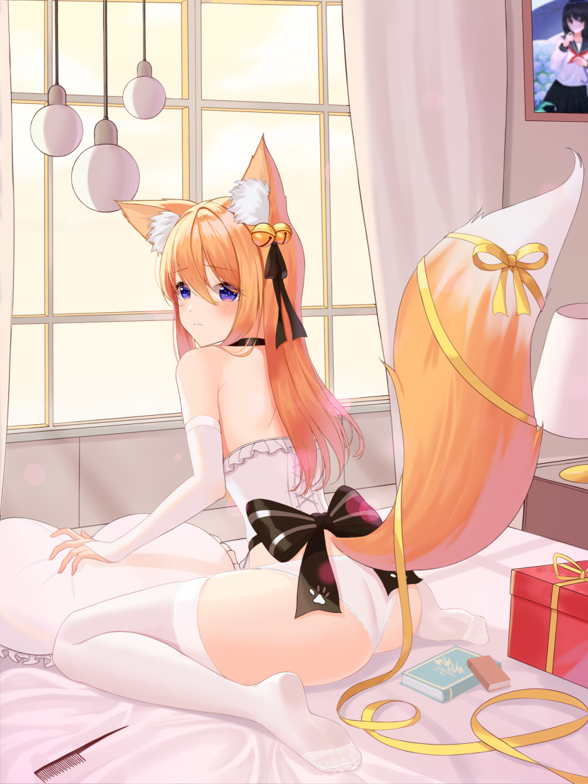 1girl animal_ear_fluff animal_ears ass bangs bedroom bell black_bow black_panties black_ribbon blush bow box bridal_gauntlets commentary_request corset eyebrows_visible_through_hair feet from_behind full_body gift gift_box hair_bell hair_between_eyes hair_ornament hair_ribbon highres jayamon legs long_hair looking_at_viewer looking_back no_shoes on_bed orange_hair original panties pillow ribbon sitting soles solo tail thigh-highs thighs underwear violet_eyes wariza white_legwear window yellow_ribbon