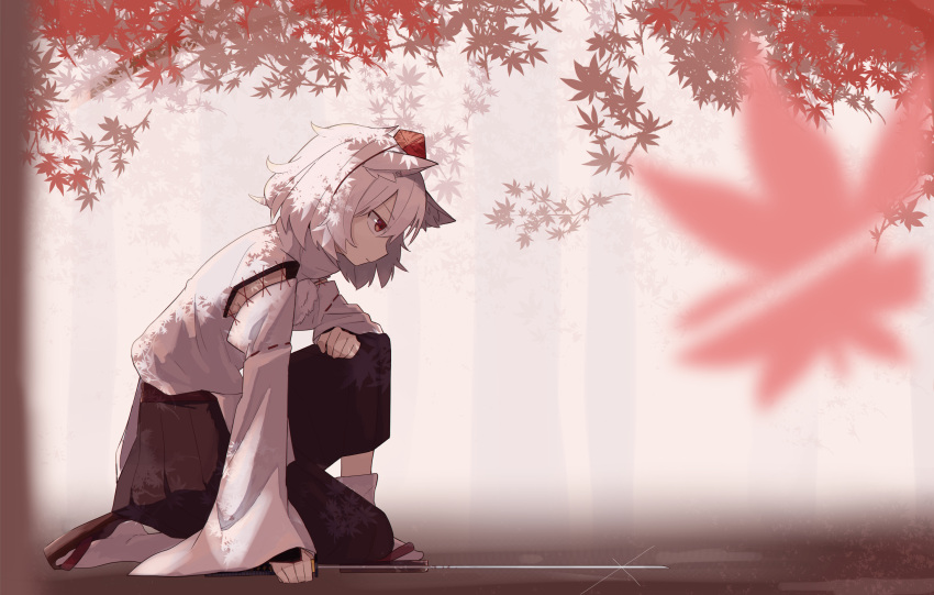 1girl animal_ears artist_request autumn autumn_leaves bare_shoulders black_skirt detached_sleeves eyebrows_visible_through_hair hat highres holding holding_sword holding_weapon inubashiri_momiji katana leaf looking_down maple_leaf outdoors pom_pom_(clothes) red_eyes ribbon-trimmed_sleeves ribbon_trim shirt short_hair silver_hair skirt sleeveless sleeveless_shirt solo sword tail tokin_hat touhou turtleneck weapon white_shirt wolf_ears wolf_tail