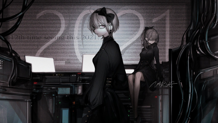 2021 2girls artist_name black_blouse black_bow blouse bow cable computer cowboy_shot cross-laced_clothes desk earrings english_text grey_hair hair_bow high-waist_skirt highres jewelry looking_at_viewer looking_to_the_side medium_skirt monitor multiple_girls narue on_desk original profile short_hair sitting sitting_on_desk skirt standing wire