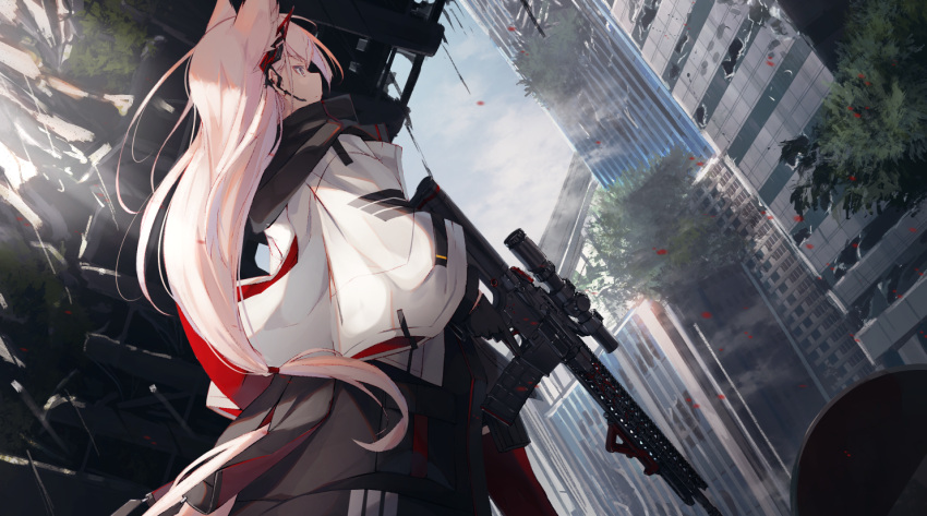 1girl animal_ears black_gloves building day dutch_angle extra_ears gloves gun headset holding holding_gun holding_weapon long_hair low-tied_long_hair nagishiro_mito original pink_hair ruins solo trigger_discipline violet_eyes weapon wide_sleeves