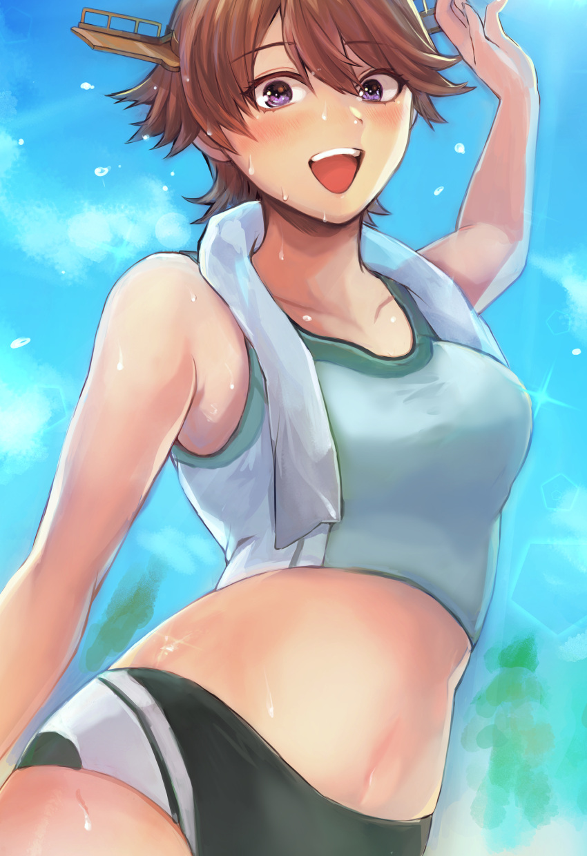 1girl absurdres alternate_costume blue_sky brown_hair clouds commentary_request commission flipped_hair green_buruma green_tank_top grey_eyes hagioshi hairband headgear hiei_(kancolle) highres kantai_collection looking_at_viewer midriff short_hair skeb_commission sky smile solo tank_top upper_body