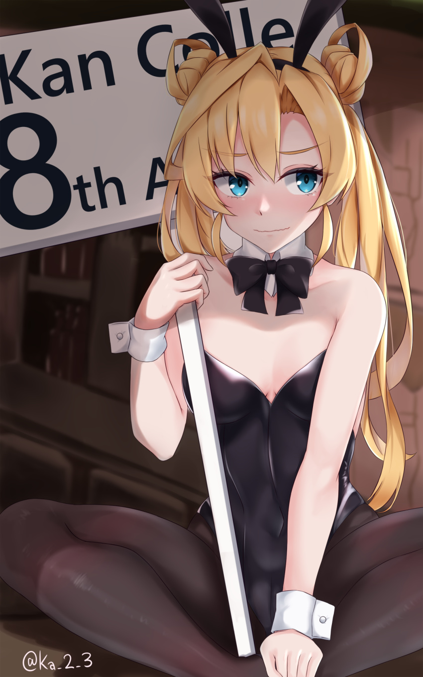 1girl absurdres abukuma_(kancolle) animal_ears anniversary black_legwear black_leotard blonde_hair blue_eyes bow bowtie breasts commentary_request copyright_name detached_collar double_bun facing_viewer hair_rings highres indian_style ka_tsumi kantai_collection leotard long_hair pantyhose placard playboy_bunny rabbit_ears sideways_glance sign sitting small_breasts solo strapless strapless_leotard twitter_username wrist_cuffs