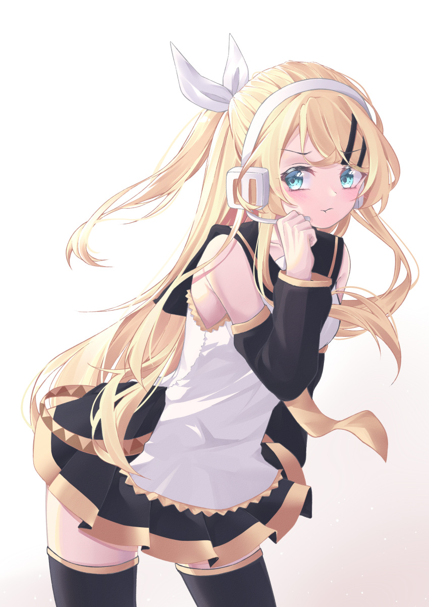1girl absurdres alternate_hair_length alternate_hairstyle bare_shoulders black_skirt blonde_hair blue_eyes blush bow breasts closed_mouth collarbone contrapposto cowboy_shot detached_sleeves eyebrows_visible_through_hair frown gradient gradient_background hair_bow hair_ornament hairclip headset highres kagamine_rin long_hair looking_away medium_breasts microphone necktie older pleated_skirt ponytail pout rjnf4437 sailor_collar shirt sidelocks sideways_glance skirt sleeveless sleeveless_shirt solo thigh-highs vocaloid white_shirt yellow_neckwear zettai_ryouiki