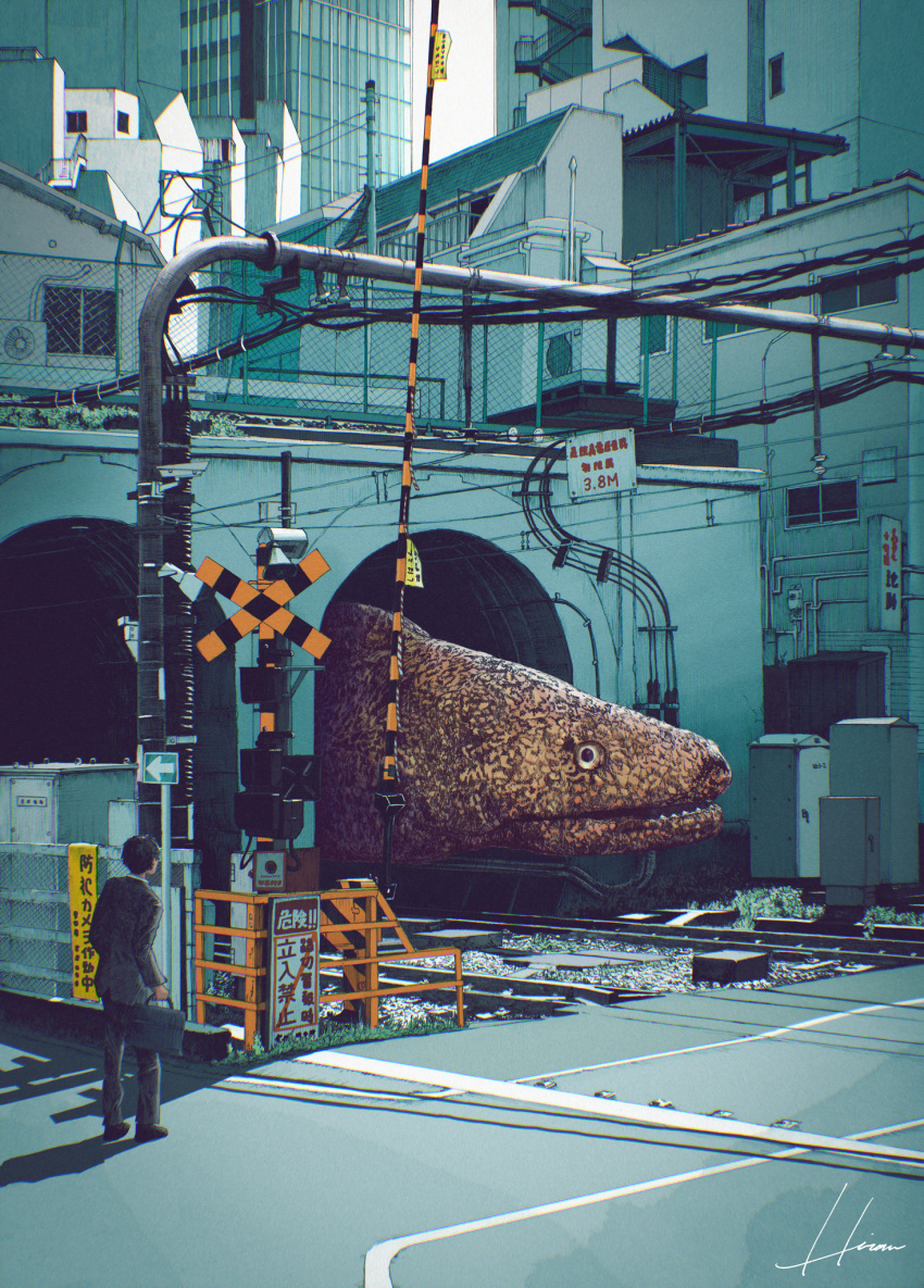 1boy animal building city commentary highres hipy_(image_oubliees) moray_eel original oversized_animal pipe railroad_tracks shadow sign signature solo tunnel window wire