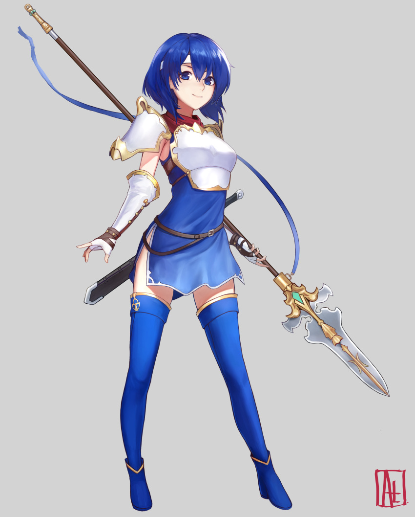 1girl absurdres alaskastomatoez armor blue_eyes blue_hair breastplate catria_(fire_emblem) commission dress fingerless_gloves fire_emblem fire_emblem:_mystery_of_the_emblem gloves headband highres holding holding_spear holding_weapon pegasus_knight polearm short_dress short_hair shoulder_armor side_slit silver_background simple_background sleeveless sleeveless_dress smile solo spear weapon white_gloves white_headband