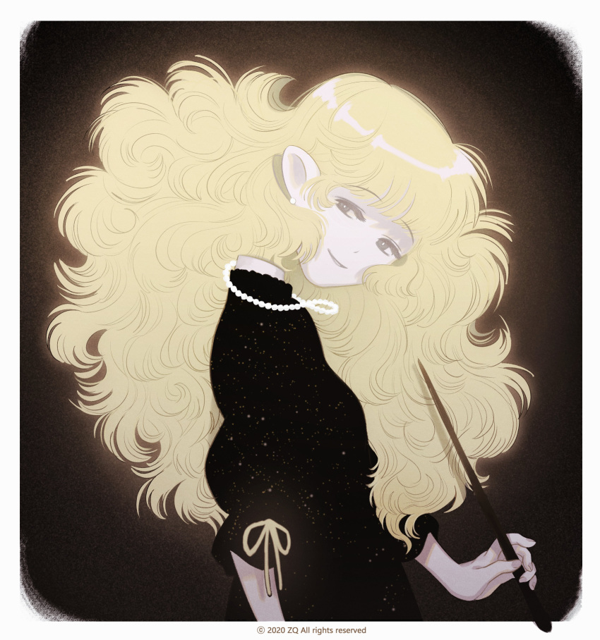1girl absurdres big_hair black_background blonde_hair disembodied_head earrings glowing grey_eyes highres holding holding_wand jewelry long_hair necklace original pointy_ears shadow simple_background smile solo toktin_zq wand