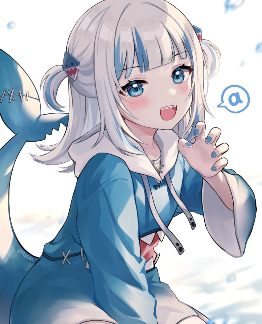 1girl a bangs blue_eyes blue_hair blue_hoodie blue_nails blunt_bangs claw_pose fish_tail gawr_gura hair_ornament highres hololive hololive_english hood hoodie long_sleeves looking_at_viewer multicolored_hair nail_polish open_mouth poddo_(potto) shark_girl shark_hair_ornament shark_tail sharp_teeth silver_hair solo streaked_hair tail teeth virtual_youtuber wide_sleeves