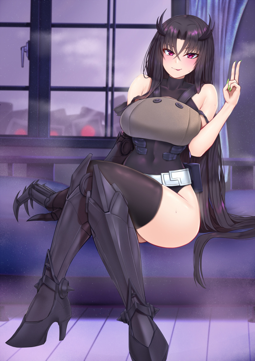 1girl black_hair black_legwear breasts covered_navel executioner_(girls'_frontline) girls_frontline green_nails highres indoors large_breasts long_hair mechanical_arms popoman sangvis_ferri single_mechanical_arm sitting sleeveless smile solo thigh-highs tongue tongue_out violet_eyes